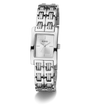 Silver GUESS Ladies Silver Tone Analog Watch with a patterned band on a white background