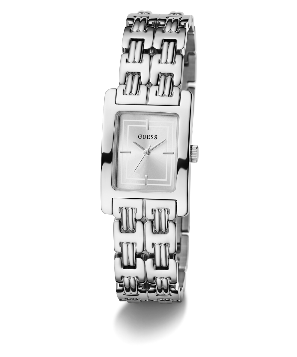 Silver GUESS Ladies Silver Tone Analog Watch with a patterned band on a white background