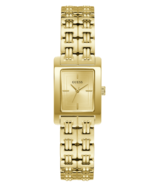 Gold GUESS Ladies Gold Tone Analog Watch with a patterned band on a white background