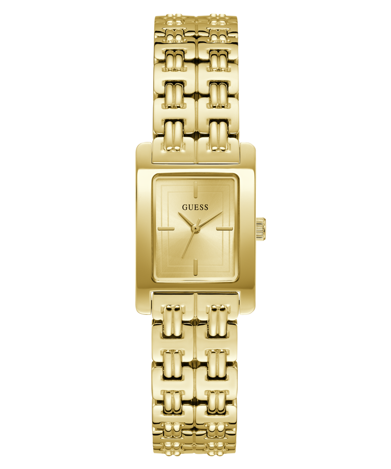 Gold GUESS Ladies Gold Tone Analog Watch with a patterned band on a white background
