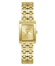 Gold GUESS Ladies Gold Tone Analog Watch with a patterned band on a white background