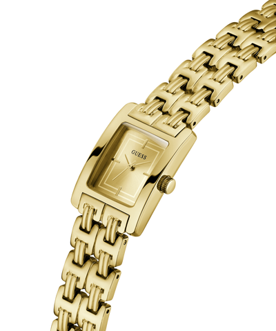 Silver Guess watch with a chain-like bracelet on a white background lifestyle