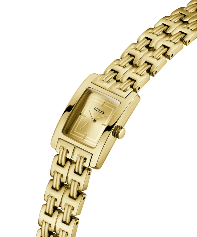 Silver Guess watch with a chain-like bracelet on a white background lifestyle
