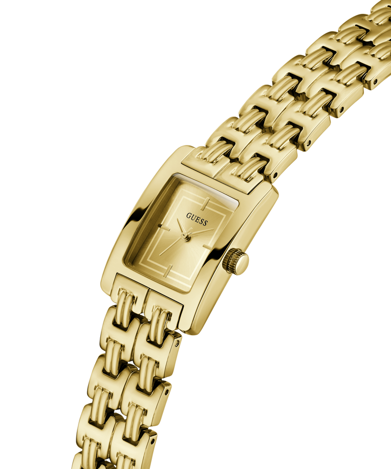 Silver Guess watch with a chain-like bracelet on a white background lifestyle