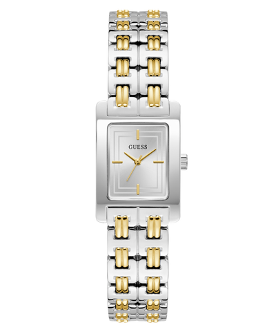Two-tone silver and gold GUESS Ladies 2-Tone Silver Tone Analog Watch with a square face on a white background