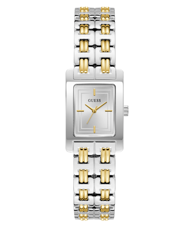 Two-tone silver and gold GUESS Ladies 2-Tone Silver Tone Analog Watch with a square face on a white background