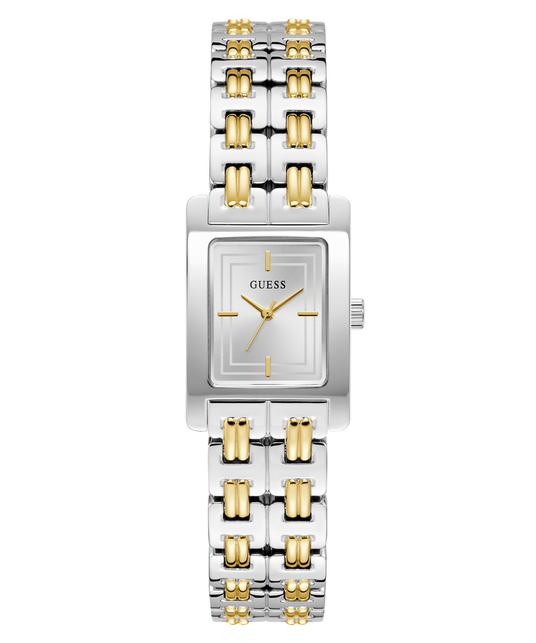 Two-tone silver and gold GUESS Ladies 2-Tone Silver Tone Analog Watch with a square face on a white background