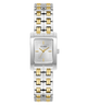Two-tone silver and gold GUESS Ladies 2-Tone Silver Tone Analog Watch with a square face on a white background
