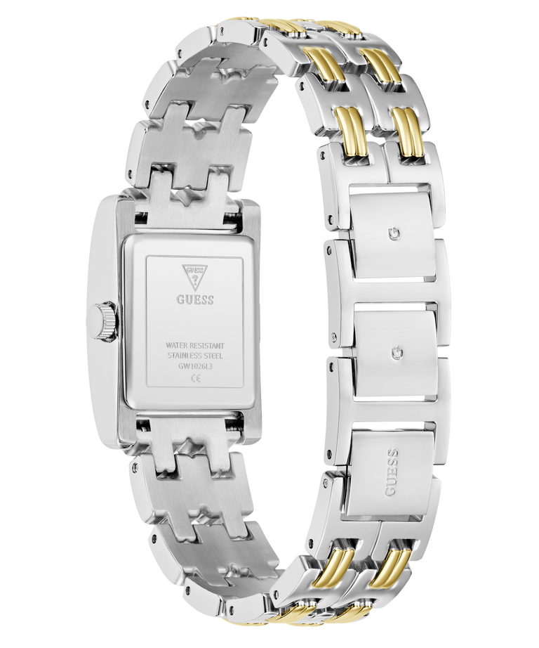 Two-tone silver and gold GUESS Ladies 2-Tone Silver Tone Analog Watch with Guess logo on a white background