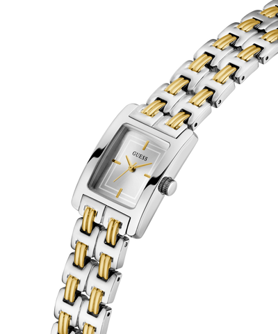 Two-tone silver and gold watch with a rectangular face on a white background lifestyle