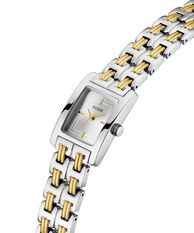 Two-tone silver and gold watch with a rectangular face on a white background lifestyle