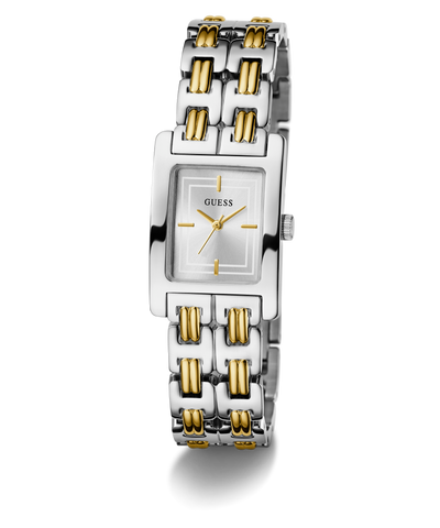 Two-tone GUESS Ladies 2-Tone Silver Tone Analog Watch with silver and gold band on a white background