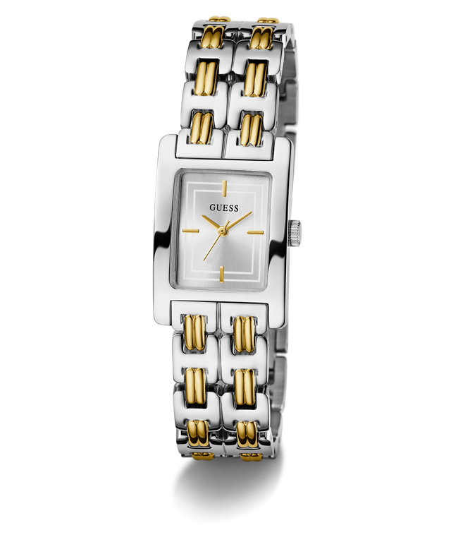 Two-tone GUESS Ladies 2-Tone Silver Tone Analog Watch with silver and gold band on a white background
