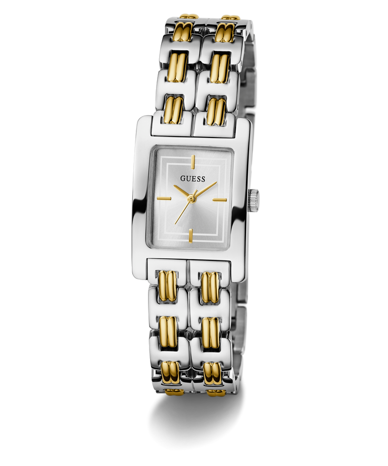 Two-tone GUESS Ladies 2-Tone Silver Tone Analog Watch with silver and gold band on a white background