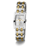 Two-tone GUESS Ladies 2-Tone Silver Tone Analog Watch with silver and gold band on a white background