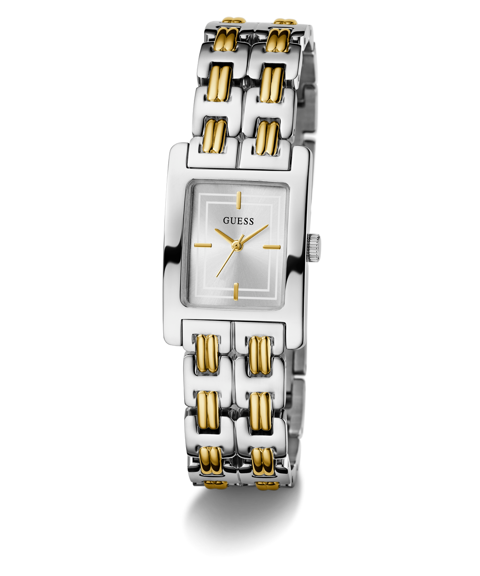 Two-tone GUESS Ladies 2-Tone Silver Tone Analog Watch with silver and gold band on a white background