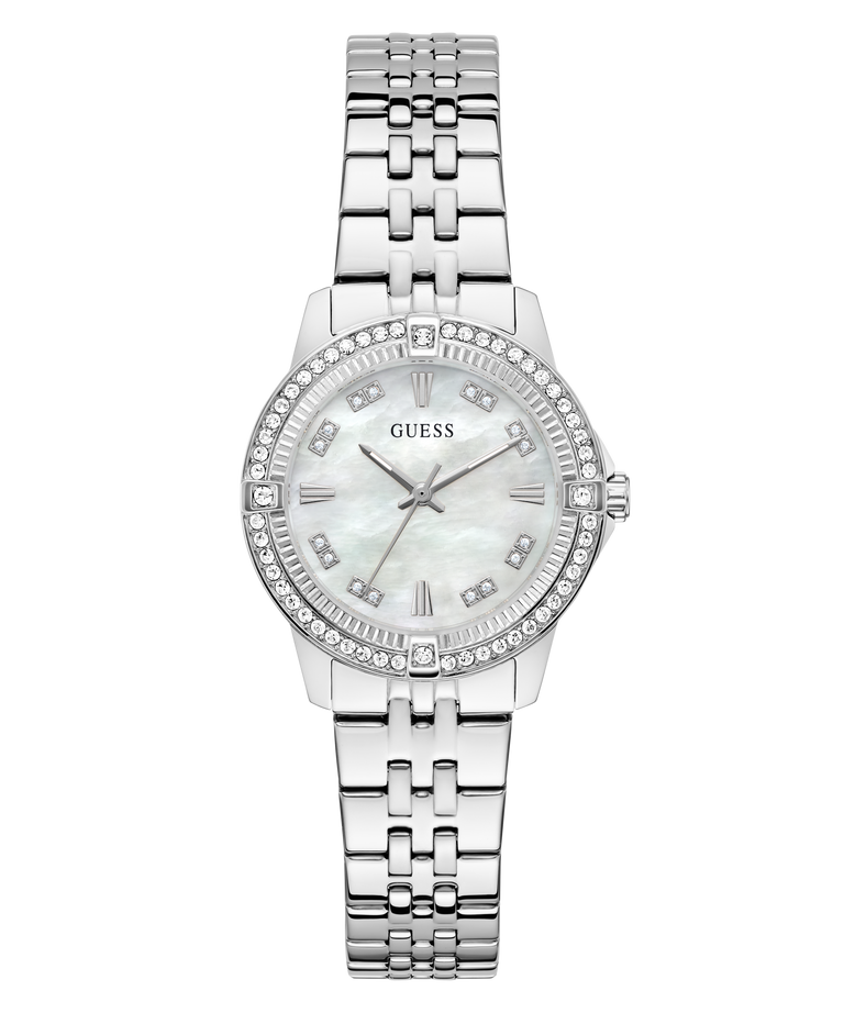 Silver Guess Colette watch with a white face on a white background