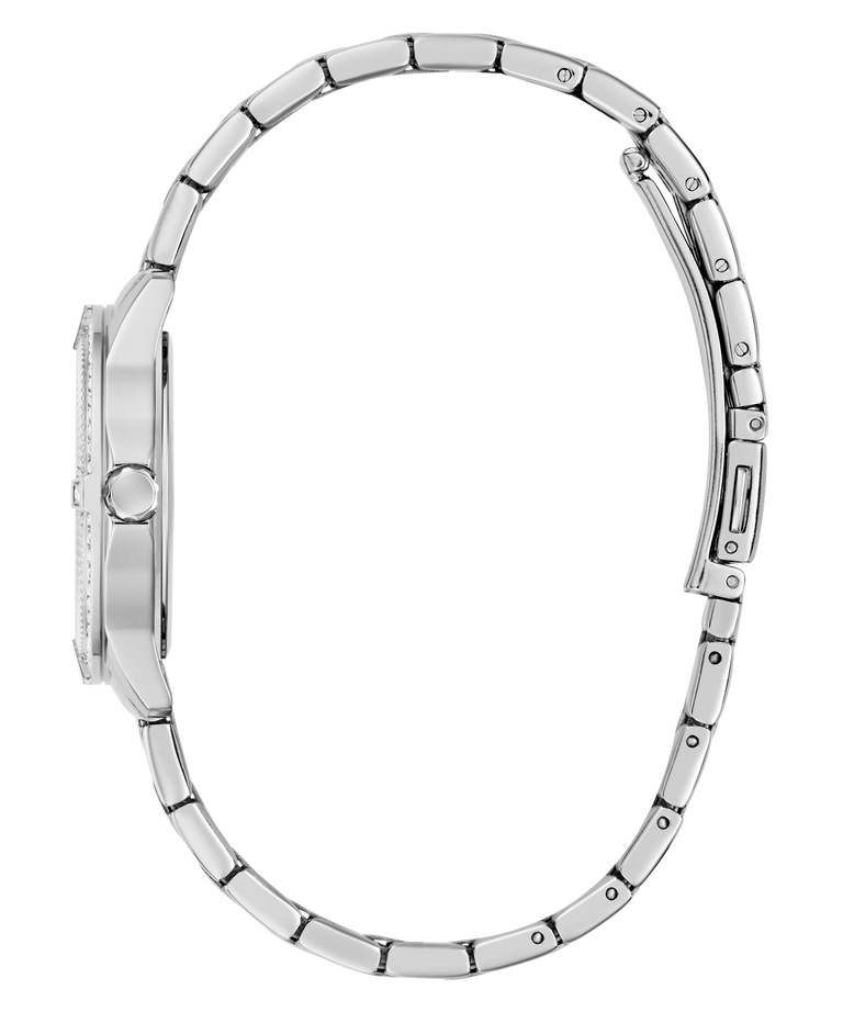 Silver watch with a detailed band on a white background