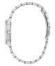 Silver watch with a detailed band on a white background