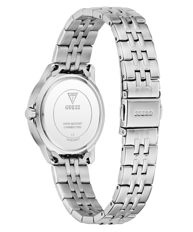 Silver Guess watch with metal bracelet on a white background