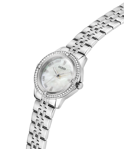 Silver Guess Colette watch with decorative band on a white background lifestyle
