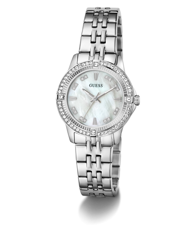 Silver Guess Colette watch with a white face on a white background