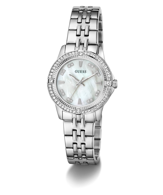 Silver Guess Colette watch with a white face on a white background