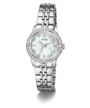 Silver Guess Colette watch with a white face on a white background