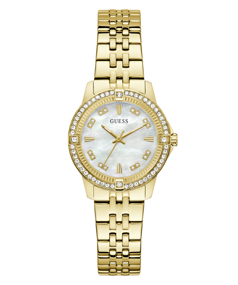 Gold watch with a white face on a white background