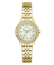 Gold watch with a white face on a white background