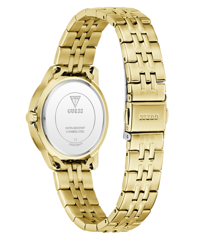 Gold watch with a white face on a white background