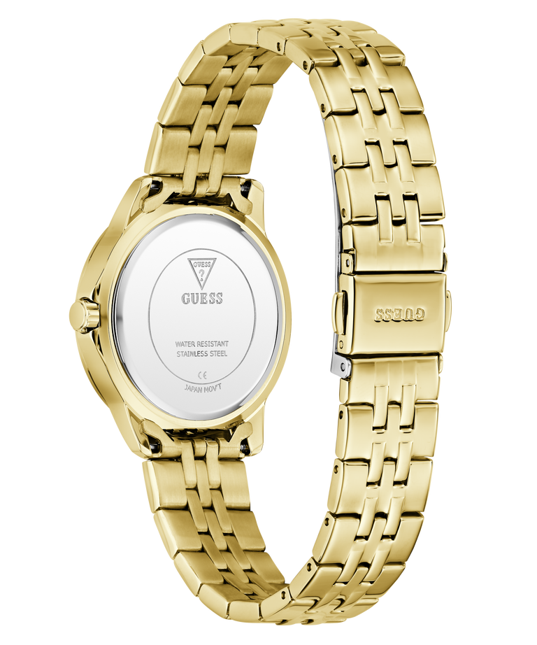 Gold watch with a white face on a white background