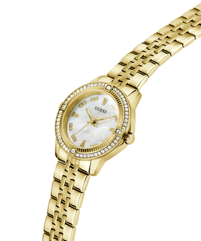 Gold watch with a white face on a white background lifestyle