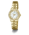 GUESS Ladies Colette Gold Tone Analog Watch with a white face on a white background