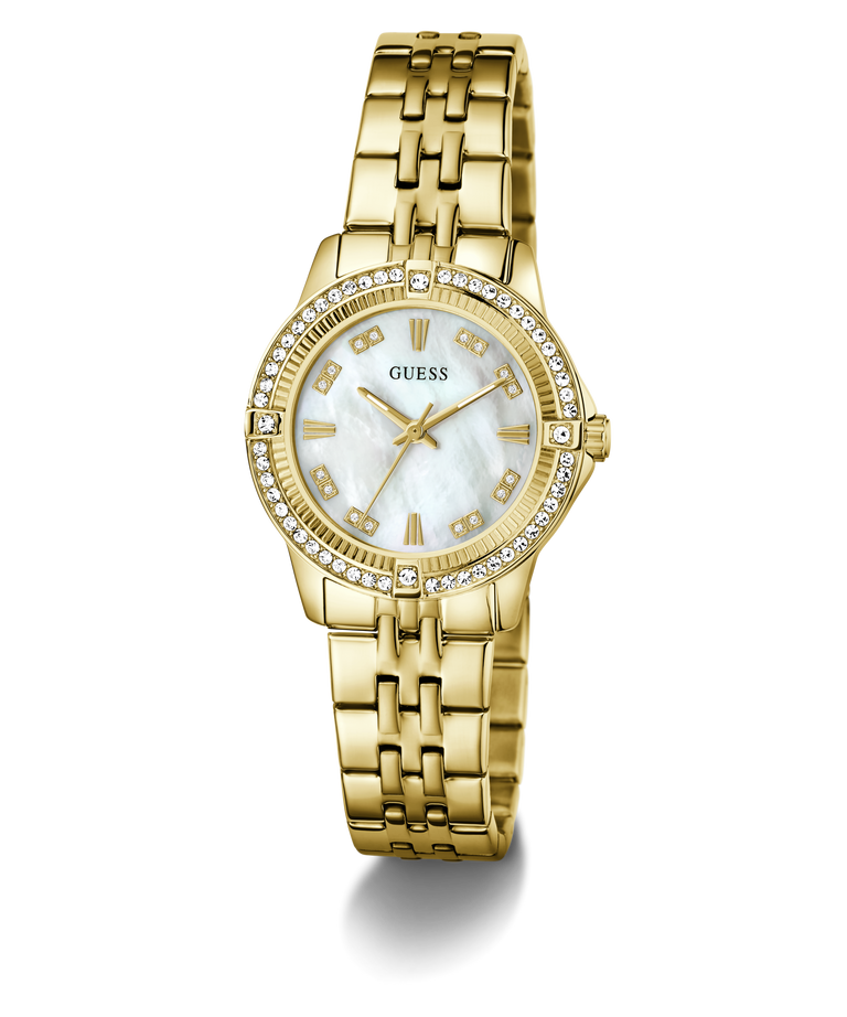 GUESS Ladies Colette Gold Tone Analog Watch with a white face on a white background
