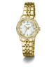 GUESS Ladies Colette Gold Tone Analog Watch with a white face on a white background