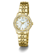 GUESS Ladies Colette Gold Tone Analog Watch with a white face on a white background