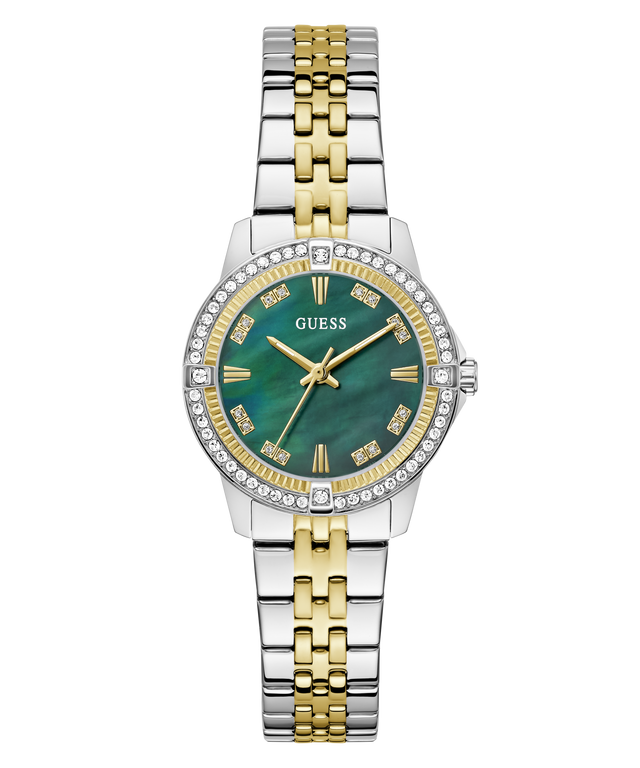 Two-tone GUESS Ladies Colette 2-Tone Analog Watch with green face and Guess brand on a white background