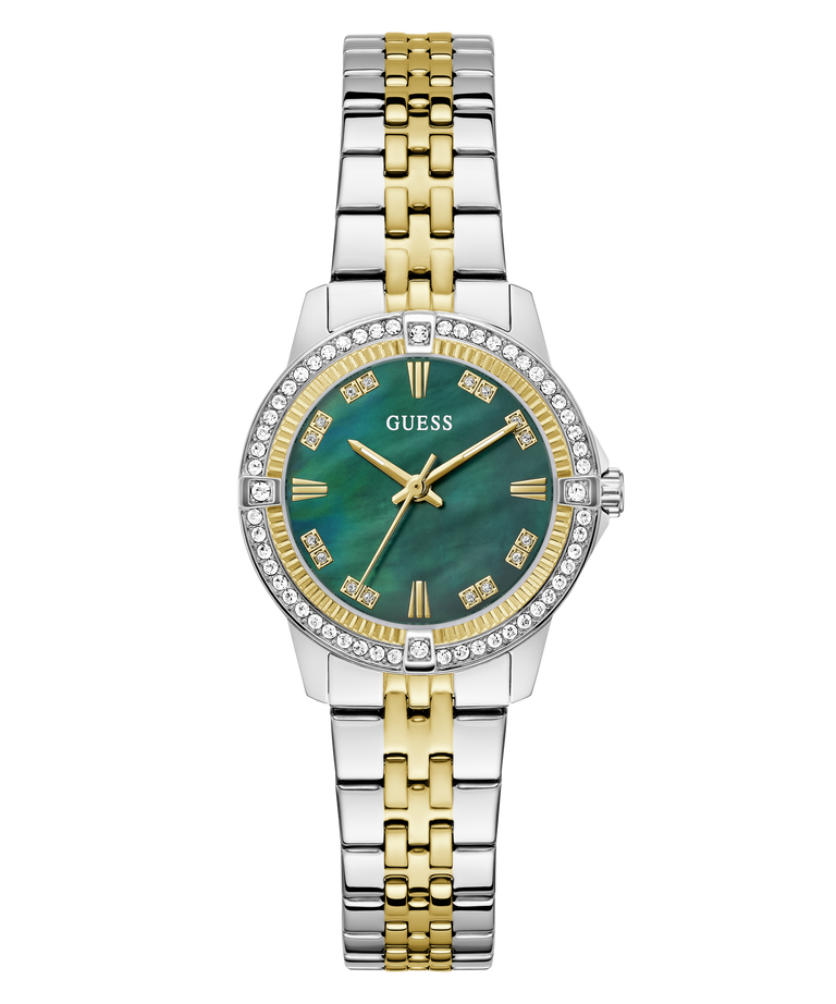 Two-tone GUESS Ladies Colette 2-Tone Analog Watch with green face and Guess brand on a white background