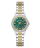 Two-tone GUESS Ladies Colette 2-Tone Analog Watch with green face and Guess brand on a white background