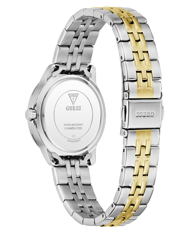 Two-tone silver and gold GUESS Ladies Colette 2-Tone Analog Watch with Guess branding on a white background