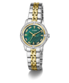 Two-tone GUESS Ladies Colette 2-Tone Analog Watch with green face on a white background