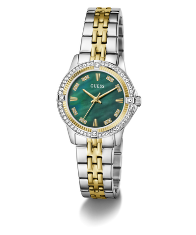 Two-tone GUESS Ladies Colette 2-Tone Analog Watch with green face on a white background