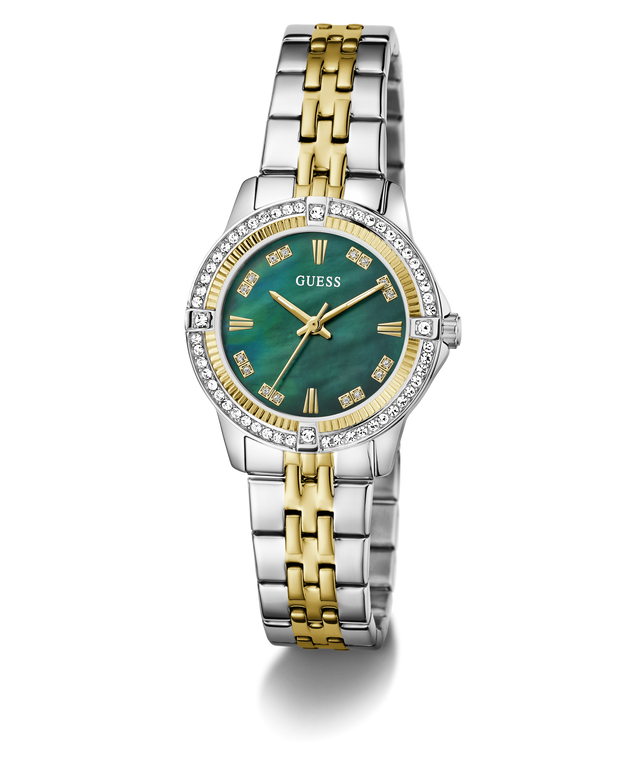 Two-tone GUESS Ladies Colette 2-Tone Analog Watch with green face on a white background