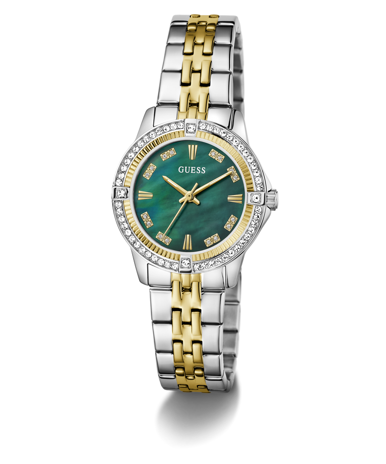 Two-tone GUESS Ladies Colette 2-Tone Analog Watch with green face on a white background
