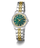 Two-tone GUESS Ladies Colette 2-Tone Analog Watch with green face on a white background