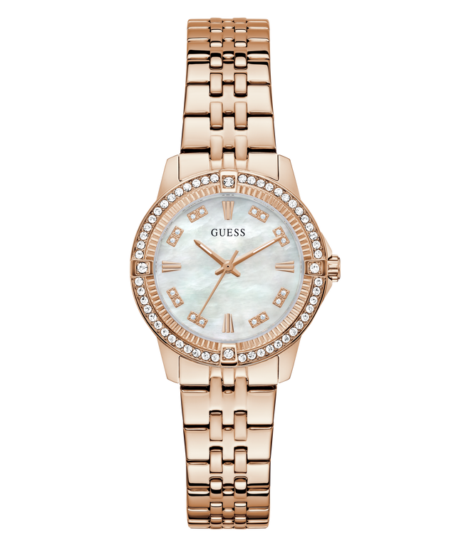 GUESS Ladies Colette Rose Gold Tone Analog Watch with a white face on a white background