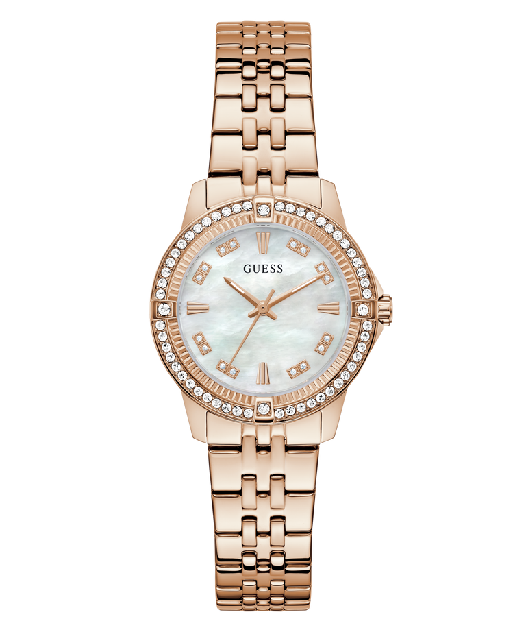 GUESS Ladies Colette Rose Gold Tone Analog Watch with a white face on a white background