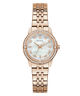 GUESS Ladies Colette Rose Gold Tone Analog Watch with a white face on a white background