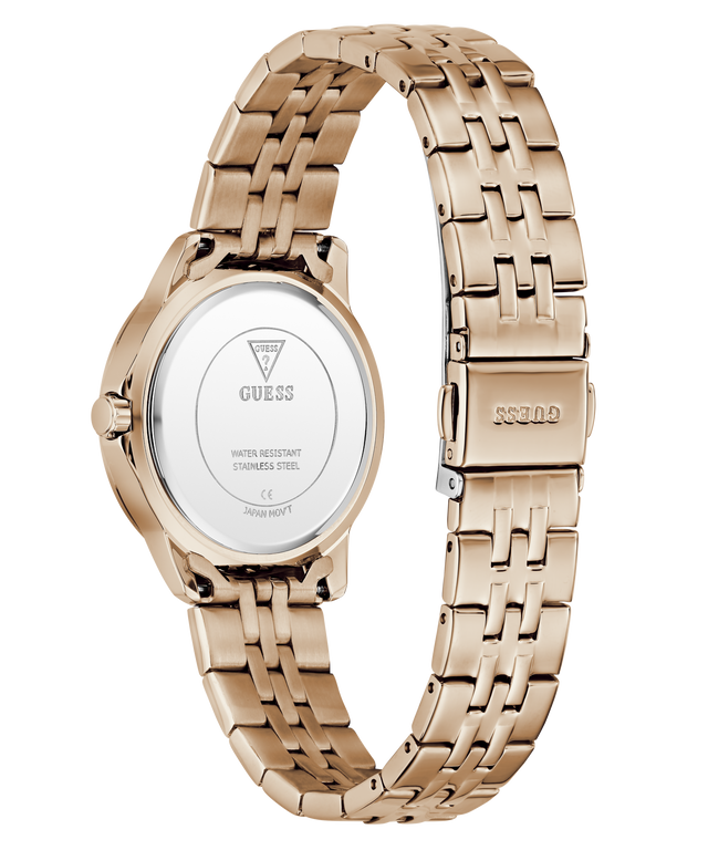 Rose gold watch with a white face on a white background